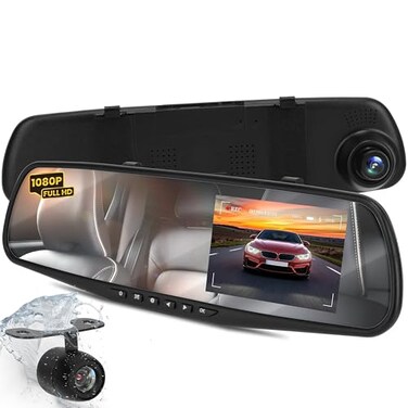 Pyle Dash Cam Rearview Mirror 43 DVR Monitor Rear View Dual Camera Video Recording System in Full HD 1080p wBuilt in GSensor Motion Detect Parking Control Loop Record Support PLCMDVR49
