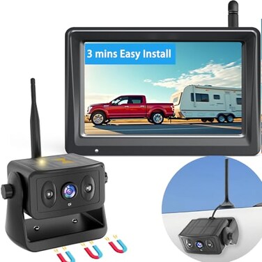 YEOIZO Wireless Backup Camera for Trucks Solar Magnetic Portable No Drill No Wire 3 Min Easy Install Night Vision Rechargeable with 5 HD Monitor Systems for Car Small RV Camper Trailer