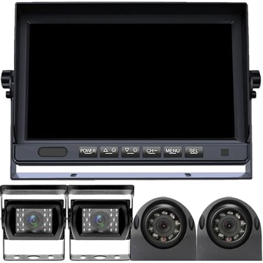 DOUXURY RV Backup Camera System with 7 Quad Split 1080P Monitor for Truck Trailer Semi Camper Bus 4 AHD Rear Side View Camera with DVR Record Function IP69 Waterproof Night Vision Avoid Blind Spot