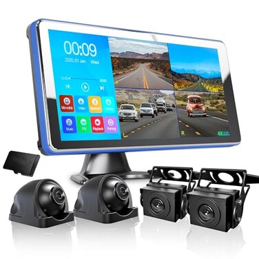 ASLONG 4K Backup Camera 4CH Dash Cam with 1036 Quad Split Touch Screen 4 AHD Front Rear Sides View Camera wDVR Recording Music Video Playback Avoid Blind for RV Semi Trailer Truck Van