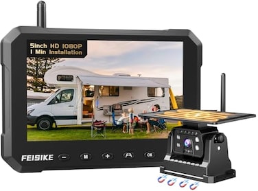 FEISIKE Magnetic Solar Wireless Backup Camera for Truck 5 Inch NoDrill Installation RV Backup Camera 1080P Rear View Camera 150 Wide Angle 24hrs Battery Life 24Hz Signal Night Vision RVs Trailers