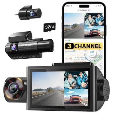 WOLFBOX i07 3 Channel Dash Cam Builtin WiFi GPS 4K Dash Camera Front and Inside 1440P1080P1080P Triple Car Camera with 3 LCD Screen 32GB Card Included IR Night Vision 24H Parking Mode
