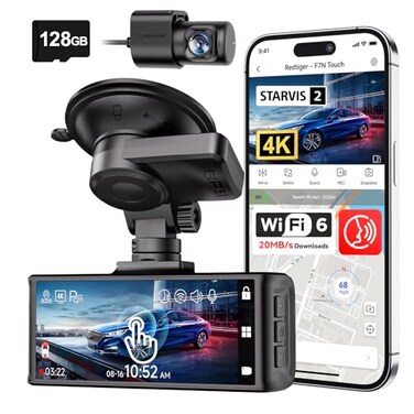 REDTIGER 4K STARVIS 2 Dash Cam Front and Rear 5GHz WiFi 20MBs Download 128GB Card Included Voice Control Dash Camera for Cars with 318 Touch Screen GPS Loop Recording Parking ModeF7N Touch
