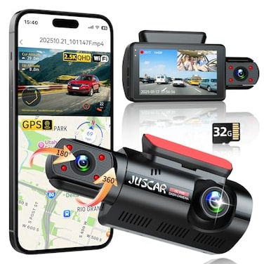 Juscar 25K1080P Dual Dash Cam Front and Inside WiFi GPS Dash Camera for Cars with 32G Card IR Night Vision 3 IPS Screen Inside Car Camera for Taxi Driver Support 256GB Max App Control