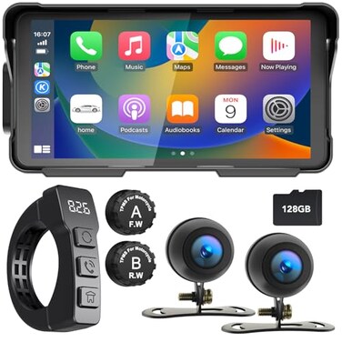 WEUASTE Professional Motorcycle Carplay with Dash Cam Includes SD128G Android Auto Motorbike TPMS GPS Navigation 55 IP66 Waterproof Touchscreen Support BluetoothSiriGoogle Assistant