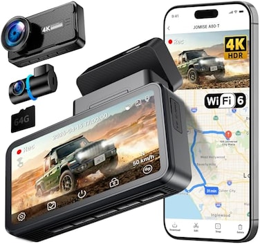 JOMISE 4K Dash Cam Front and Rear 360 Interior Rear Camera for Cabin Side Rear Dash Camera for Cars with 64GB Card LowLight Sensor WiFi 6 GPS Touch Screen HDR WDR Support 1TB A80T