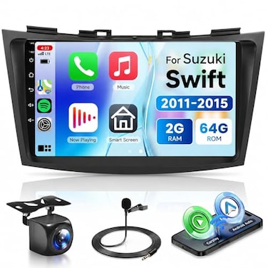 podofo 2G64G Car Radio for Suzuki Swift 2011 2012 2013 2014 2015 Wireless Apple Carplay Android Auto Car Stereo 9 IPS Touchscreen with WiFi GPS Bluetooth FMRDS 32EQ DSP Rear Camera