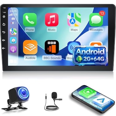 EKAT 2G64G 101 inch Double Din Android Car Stereo 10 inch Touch Screen Radio with WirelessWired CarPlayAndroid AutoMirror Link1080PEQWiFiSWCBluetooth Backup Camera