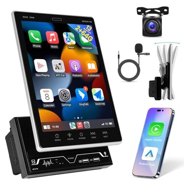 EKAT 2G64G 97 inch Android Vertical Double Din Car Stereo 2 Din Touch Screen CarPlay Radio Unit Wireless Car PlayAndroid AutoBluetooth1080PSWCGPSAHD Backup CameraMIC