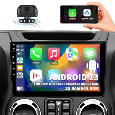 KUFUESGGERTA Car Stereo Radio for Jeep Wrangler JK Compass Grand Cherokee Dodge Ram 1500 Android 13 2GB64GB 10 inch IPS Touchscreen Wireless CarPlay Android Auto GPS Bluetooth AMFM WiFi SWC Backup Cam