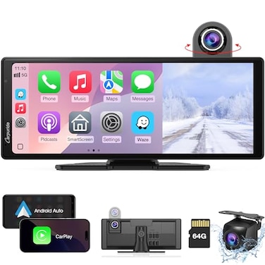 Carpuride Wireless Carplay Android Auto with Dash Cam 1026 Inch HD IPS Touch Car Play Screen for Car 4K Front 1080P Rear Camera Loop Recording Bluetooth Audio Mirror Link GPS Siri