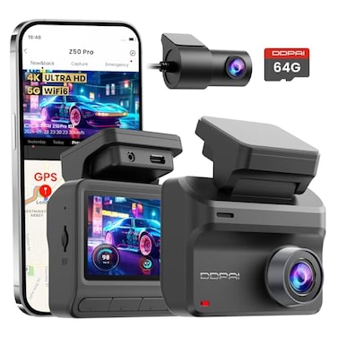 DDPAI Dash Cam Front and Rear 4K1080P Car OnDash Mounted Cameras Dashcam Included 64GB Card Builtin 5G WiFi 6 GPS 3 IPS AI ISP Night Vision 48H Parking Mode Loop Recording ADAS Z50 Pro