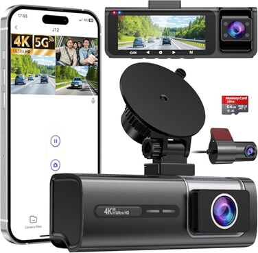 Huntermax 3 Channel 5G WiFi Dash Cam 4K1080P1080P Dash Cam Front and Rear with 64GB Card Dash Camera for Car with HDR IR Night Vision GSensor 247 Parking Mode WDR Support 128GB Max Silver