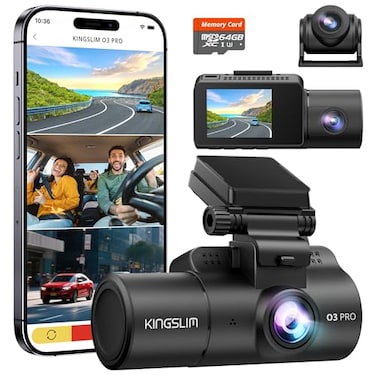Kingslim 3 Channel Dash Cam Front and Rear Inside 25K Car Dash Camera with 64GB Card 5GHz WiFi Wireless Dashcam for Cars APP Control Super Night Vision HDR GSensor