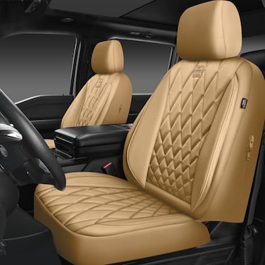 CAR PASS Piping Luxury PU Leather Two Front Car Seat Covers Waterproof Anti Slip Seat Covers Compatible with Front Seat ArmrestsUniversal Fit for SuvsVansTrucksAirbag CompatibleAll Beige