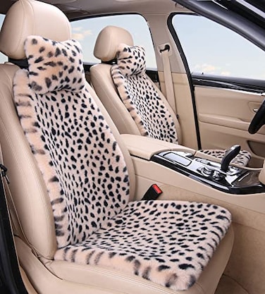 seemehappy Fluffy Leopard Seat Covers for Cars Front Seat Covers Carseat Front Two Seat Protectors with 2 Neck Pillows for Truck SUV AutoBeige Leopard Front6 PCS