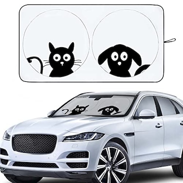 IC ICLOVER Car Windshield Sunshade with Pet Design Cute Dog Cat Cartoon Front Windshield Sun Shade Foldable Sunshade Blocks Heat UV Rays Protect Interior Keep Cool Fits Cars SUV Truck Medium