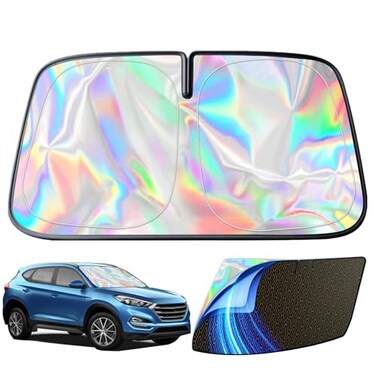 GWUSKDT Foldable Windshield Sunshade Iridescent Heat Shield with Reflective Polyester Fabric UV Protection Car Sun Shade with Memory Steel Frame Keeps Interior Cool Protects Dashboard 58 x 31 in