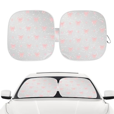CusDusk Pink Bow Car Windshield Sun Shade Foldable UV Protection Window Sunshade with Silver Edging Storage Pouch Auto Interior Accessories for Sedan SUV Hatchback