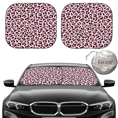 Gven Windshield Sun Shade 2pcs with Bonus Pink Car Sunshade for Front Window Shades 2025 Technology Reflect UV and Heat Sun Visor Automotive Accessories Interior Sun Protection Pink Leopard M