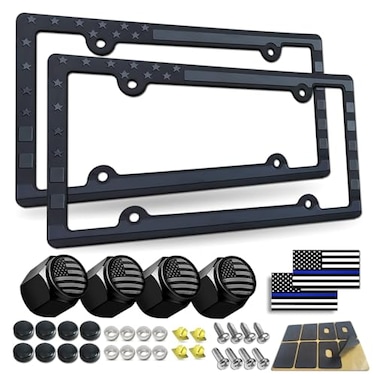 BGGTMO American Flag License Plate Frames Patriotic USA Stars and Stripes Plastic Car Tag Holder Cover Gloss on Matte Black with Screws