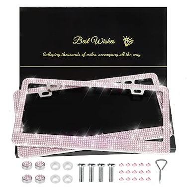 QUANQIUFEI 2 Pack Bling License Plate Frames for Women Sparkly Rhinestone Diamond Car Accessories with Glitter Crystal Caps Pink