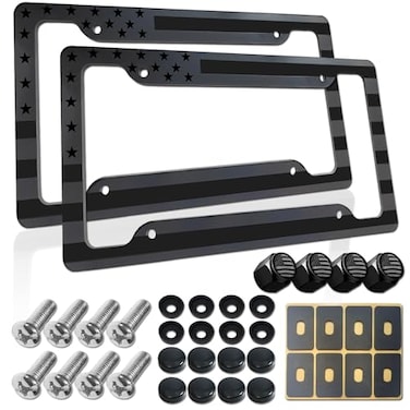 BGGTMO American Flag License Plate Frames 2 Pack Black Grey Patriotic USA Aluminum Car Tag Holder Cover for Front Rear with Screws Caps