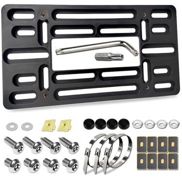FBJTDQ License Plate Bracket Black Universal Front Bumper Plastic Car Tag Holder Adapter for No Drill Front Plate mount with Anti Theft License Plate Screws BoltsCaps US Vehicle Truck Accessories