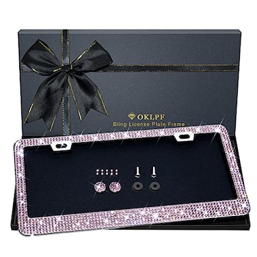 OKLPF Bling License Plate Frame for Women 1PCS Sparkly License Plate Frames Over 1200 pcs 14 Facets Bedazzled Clear Glass Diamond Rhinestone Crystals wFree Glitter Diamond Box Pink