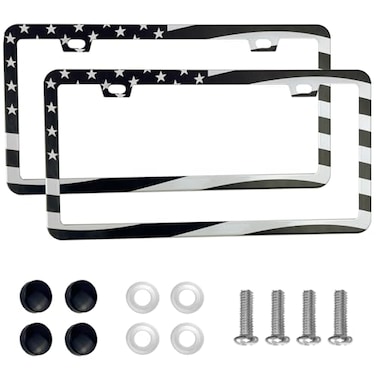 lengnoyp 2PCS Premium American Flag License Plate Frame Black License Plate Frames 2 Holes Solid Stainless Steel License Plate Holder Universal Car License Plate Frame for USA Flag by Lengnoyp