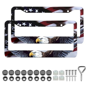 LIN KANG American Flag Eagle License Plate Frame Holder 2 Pack Patriotic Universal Aluminum Matte Stripe US Flag Gloss Car Tag Frame Holder with Screws Fasteners Caps