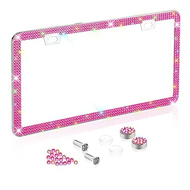 SAVORI Car Bling License Plate Frame Sparkly 2 Holes 3 Row Acrylic Crystal Stainless Steel Universal License Plate Frame with Screw Caps Covers for US Auto Vehicles 1 Pack Pink