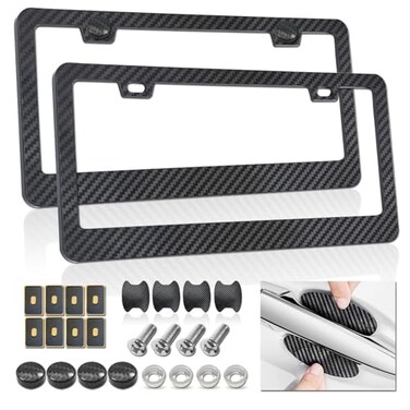 FBJTDQ Carbon Fiber License Plate Frames Black Plastic Car Tag Holder 2 Pack 2 Hole Front Rear Bracket with Screw Caps and Car Door Handle Stickers