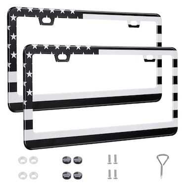 QUANQIUFEI 2 Pack License Plate Frames Stainless Steel Car License Plate Cover Car Accessories with Screw Caps Grey and Black