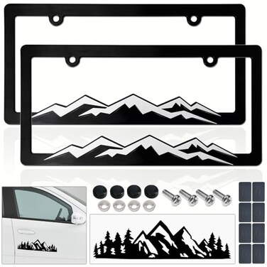 BGGTMO Mountain License Plate Frames White on Black Mountain Raised Plastic Black Car Tag Holder Bracket with Screws Caps 2 Packs 2 Hole with Mountain Vinyl Sticker