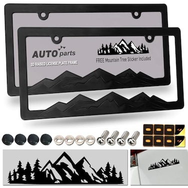 ZXFOOG Mountain License Plate Frames Plastic Black Car Tag Holder Bracket with Screws Caps Blackout 2 Packs 2 Hole Mountain Vinyl Sticker Included