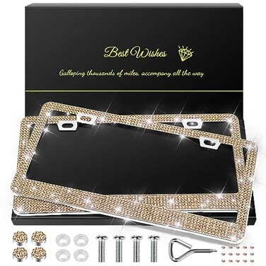 QUANQIUFEI 2 Pack Bling License Plate Frames for Women Sparkly Rhinestone Diamond Car Accessories with Glitter Crystal Caps Champagne