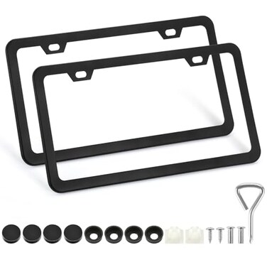 PBPAO 2 Pack License Plate Frames 2 Holes Matte Black License Plate FrameAluminum License Plate Holder with Free Screws Fasteners Caps and Tool