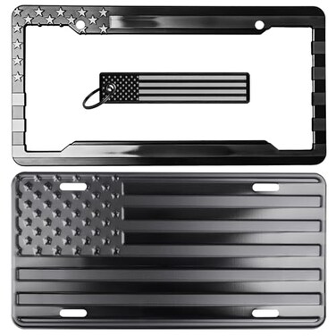 DillenCo American Flag License Plate Frame and Key Tag Combo BlackonMatte Black