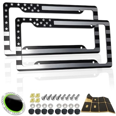 RCKJNJ American Flag License Plate Frames Heavy Duty AluminumPlastic Composite Patriotic Car Tag Holder with Mounting Hardware Screws Caps Black2 Pack for Front Rear