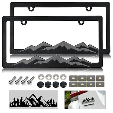 NJNYLLC Mountain License Plate Frames Plastic Car Tag Holders with Raised Mountain Design Gray on Black 2 Pack 2 Hole with Screws Caps Mountain Vinyl Sticker Included