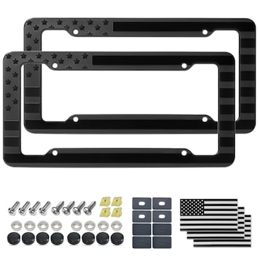 Aootf American Flag License Plate Frames Black Plastic USA Flag Car Tag Holder with Screws Caps and Patriotic Decals2 Pack Rustproof Frames for Front Rear