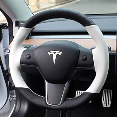 iPobootech WhiteBlack Perforated Leather Auto Steering Wheel Cover HandStitch on Wrap Fit for Tesla Model 3Tesla Model Y BlackWhite
