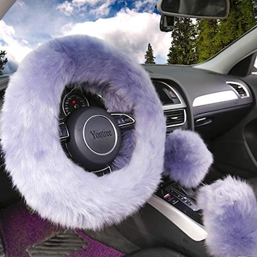 Yontree Fashion Fluffy Steering Wheel Covers for WomenGirlsLadies Australia Pure Wool 15 Inch 1 Set 3 Pcs Gray