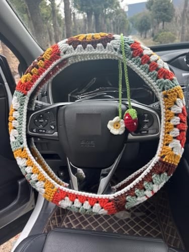 YDMZZB Steering Wheel CoverHandmade Crochet Rainbow Sunflower Granny Square Steering Wheel Covers Steering Wheel Cover1strawberry
