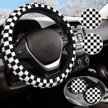 Olemier Black and White Checkered Steering Wheel Cover Rubber AntiSlip 14515 Inch Universal Steering Wheel Cover with 2 Pieces Car Coasters Suitable for Men Women