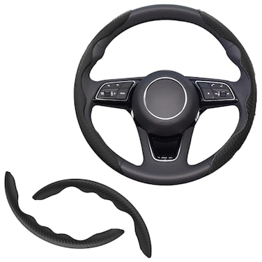 Lunwag 2pcs Universal Fit Carbon Fiber Steering Wheel Cover AntiSkid Steering Wheel CoverSegmented Steering Wheel ProtectorCar Interior Accessories Black