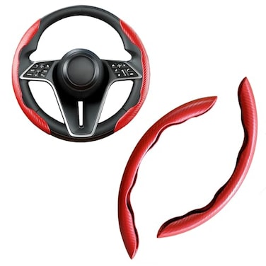 LevChall Carbon Fiber Steering Wheel Cover 2Piece Set AntiSkid Comfortable Grip Segmented Butterfly Design Easy SnapOn Installation Universal Fit 99 Cars Red