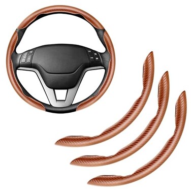 Amiss 3pcs Carbon Fiber AntiSkid Steering Wheel Cover Waterproof Segmented Butterfly Design Universal 99 Vehicle Wheel Cover Protector Car Interior Accessories Champagne3pcs