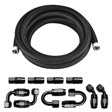 Piodelo 6AN 10FT PTFE Fuel Line Fitting Kit E85 Nylon Braided Fuel Hose with 10PCS Aluminum Swivel Fuel Hose Fitting Adapter Kit Black